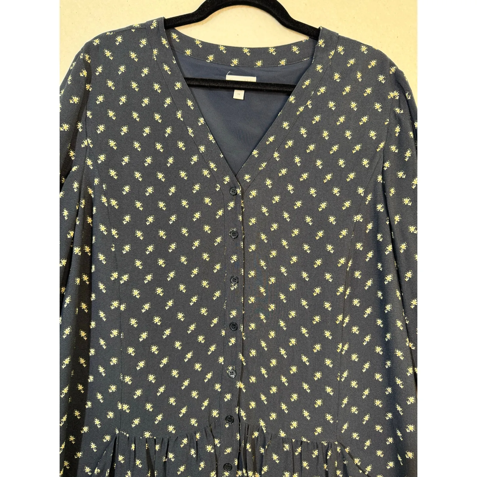 Garnet Hill Navy Blue & Yellow Ditsy Floral Drop Waist Shift Dress Print Size 14 - Image 4