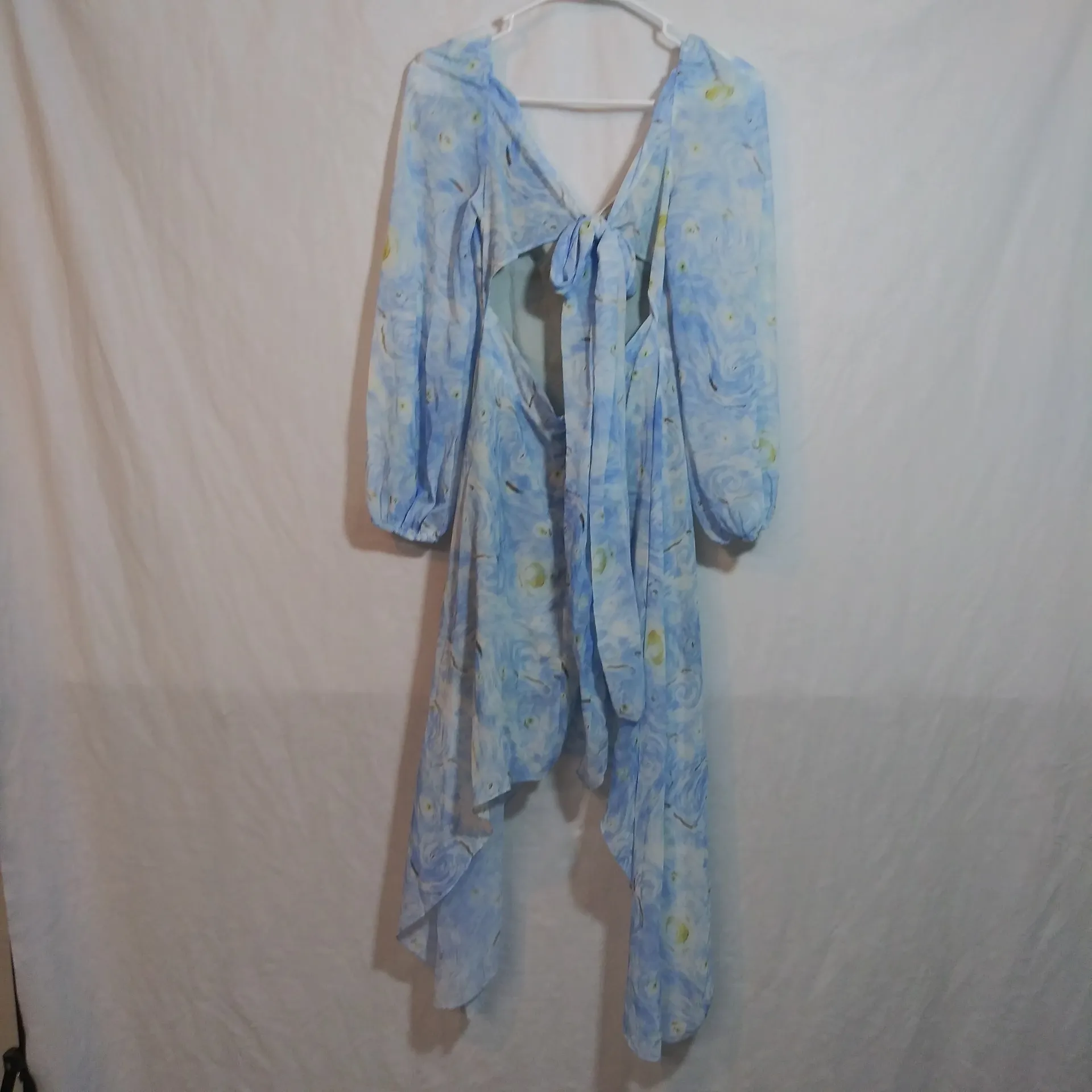 Lingshangfei Starry Night Long Fairy Asymmetrical Puff Sleeve Dress Size Small Blue - Image 11