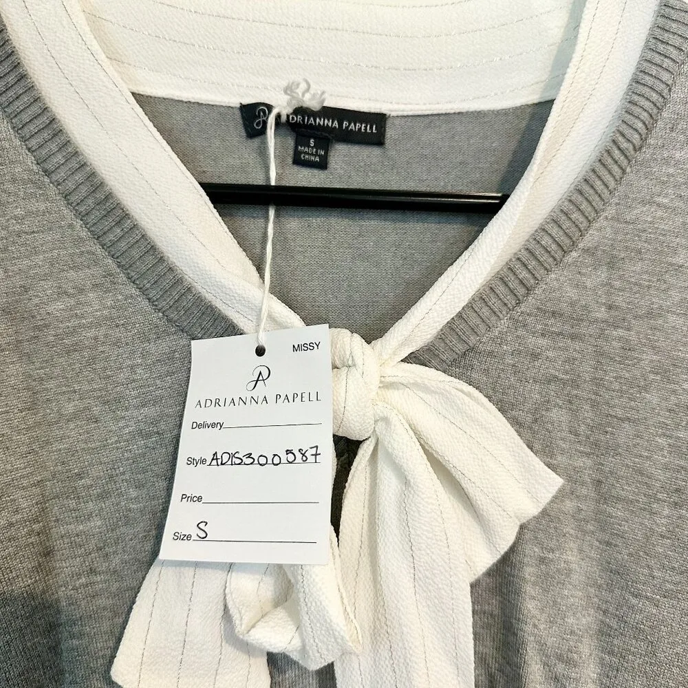 NWT Adrianna Papell Heather Gray Silver Lurex Sweater Faux Button Up Bow Detail - Image 3