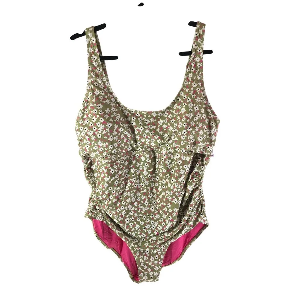 Anne Cole Scoop Neck Shirred Keyhole Back One-Piece Swimsuit Floral Green 22W - Image 2