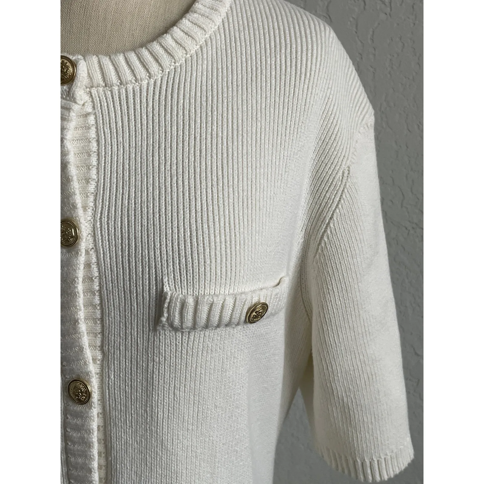 H&M Viral Old Money Rib Knit Fitted Button Mini Dress Off White Cotton - Image 8