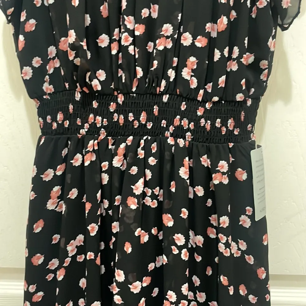 NWT Melloday Black Pink Floral High Neck Ruffle Sleeve Smocked Waist Maxi Dress - Image 4