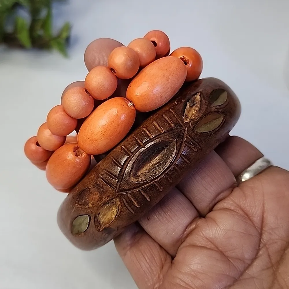Boho Wood Bracelet Set Orange and Natural - Image 7