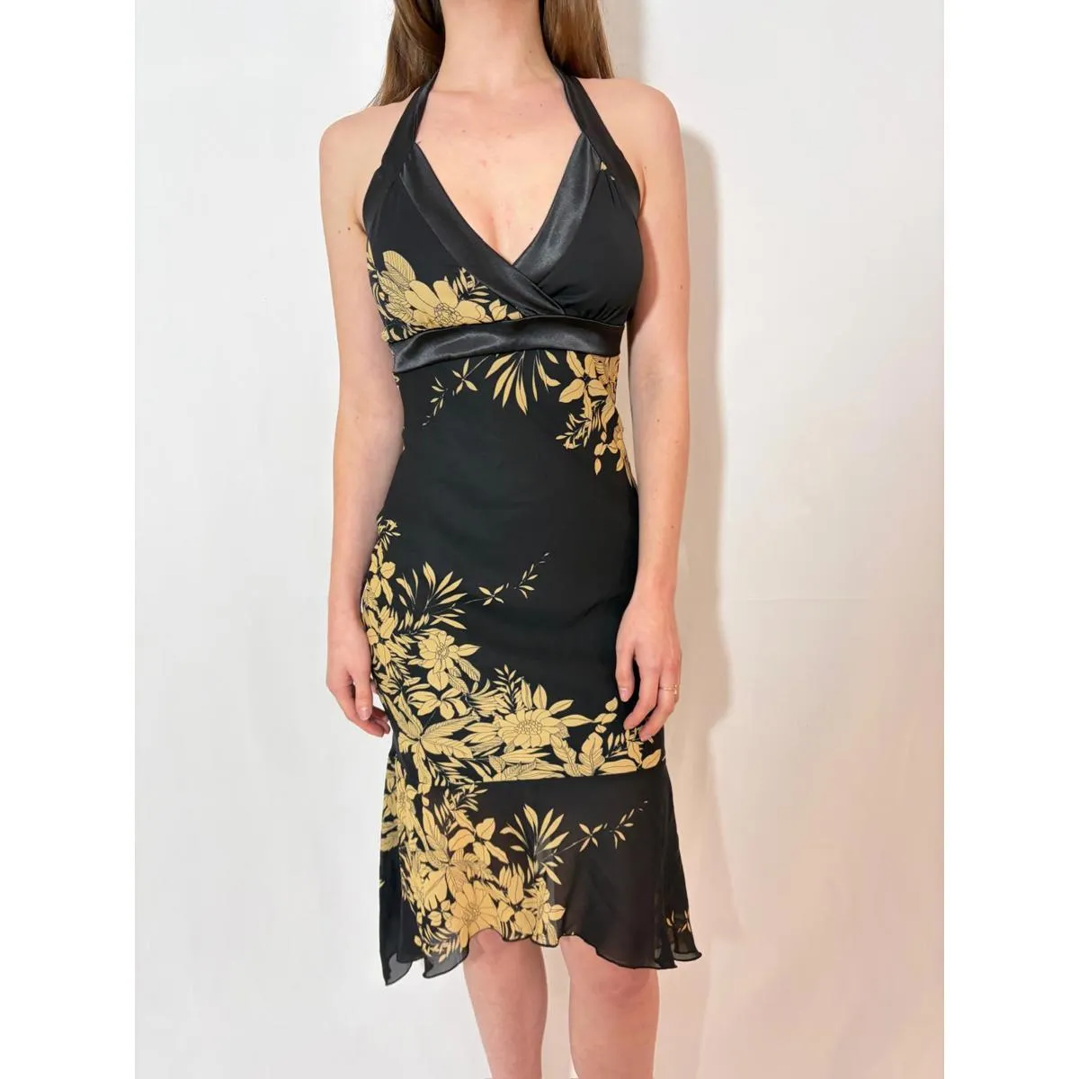 Vintage Tan Black Floral Halter Ruffle Dress - Image 2