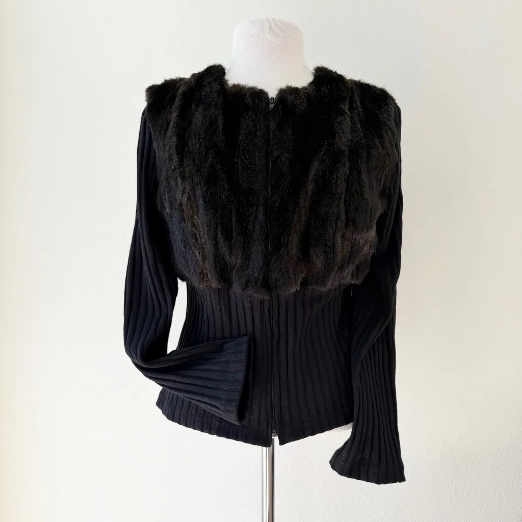 Joseph Ribkoff Black Cardigan Sweater With Faux Fur on Chest Full Zip Size 10 - Image 4