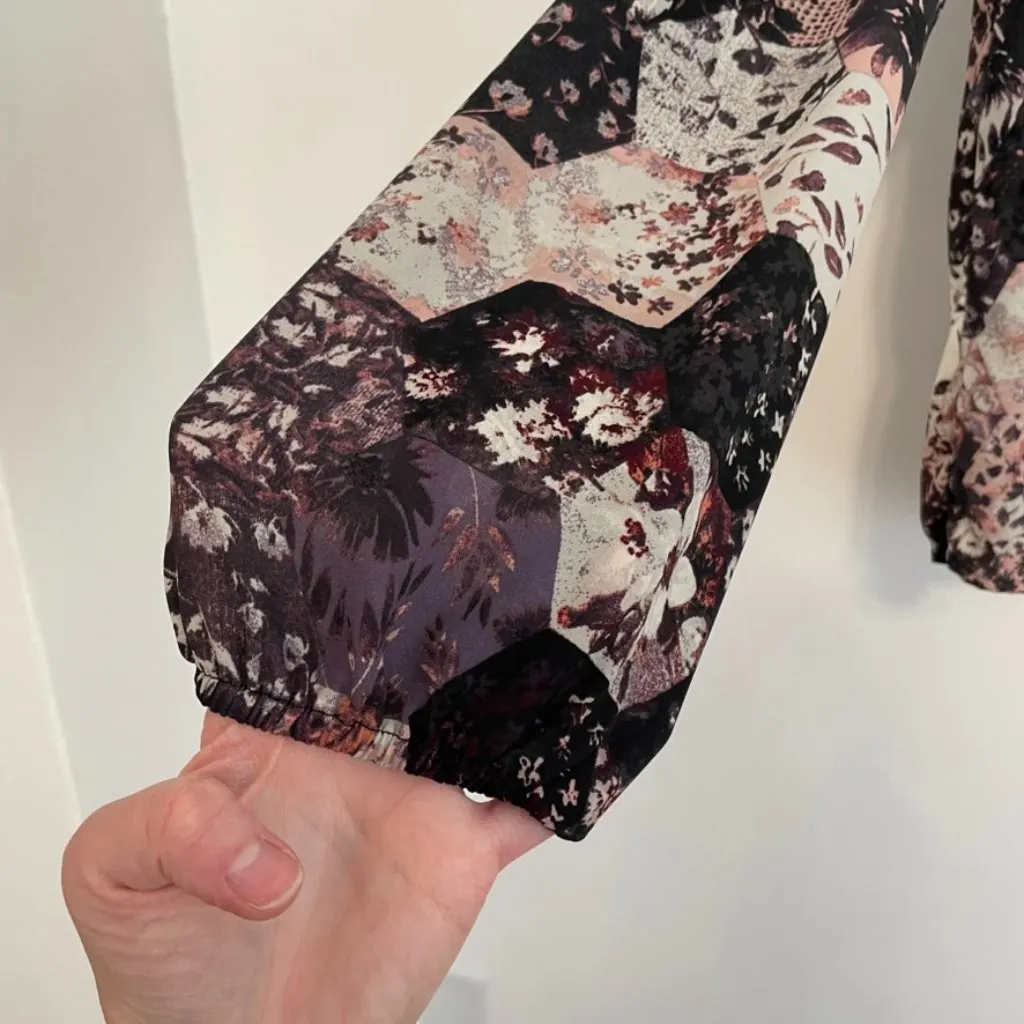 XHILARATION Cream Ivory Black Pink Floral Geometric Patchwork Long Sleeve Blouse - Image 7