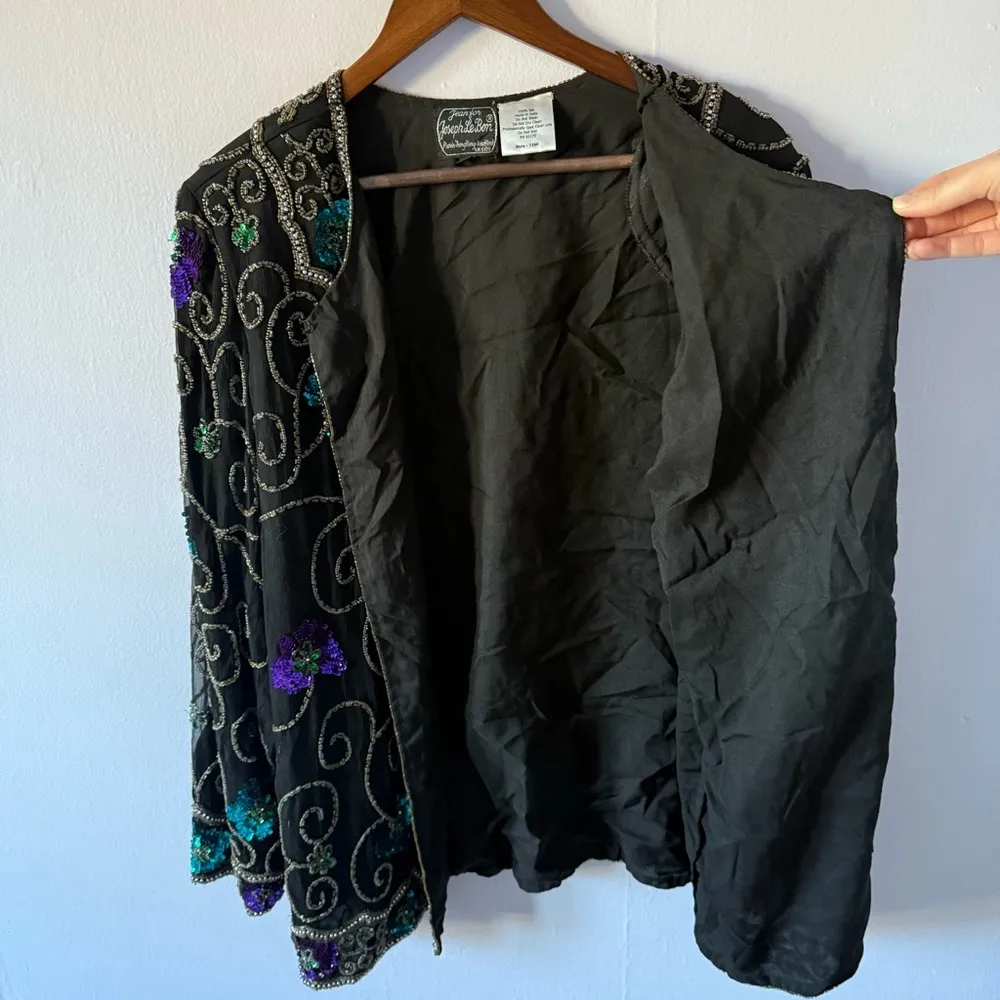 Vintage Joseph Le Bon 100% silk XL beaded cape formal blouse event funky 1980s Black - Image 10