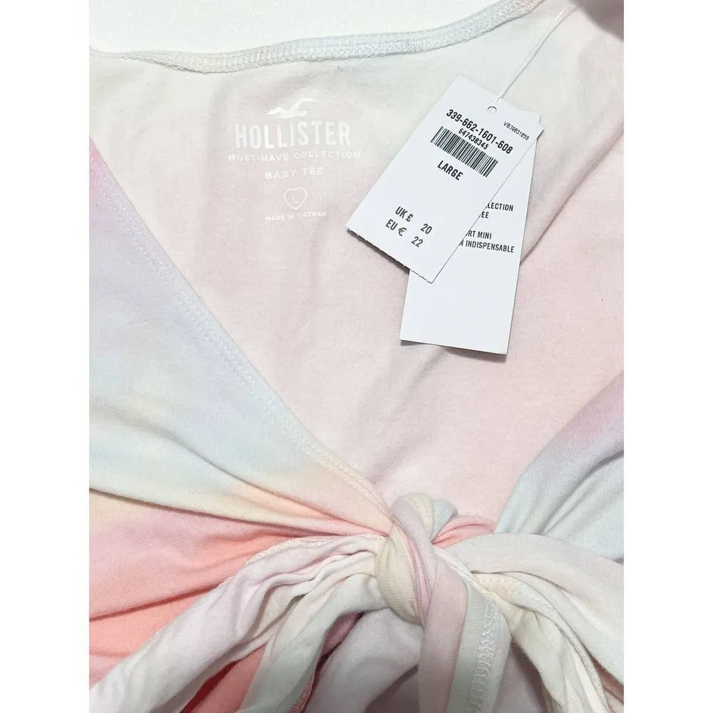 Hollister Tee Shirt Baby Tee Crop‎ Top Pastel Tie Dye Wrap Front Pink Blue Large - Image 3