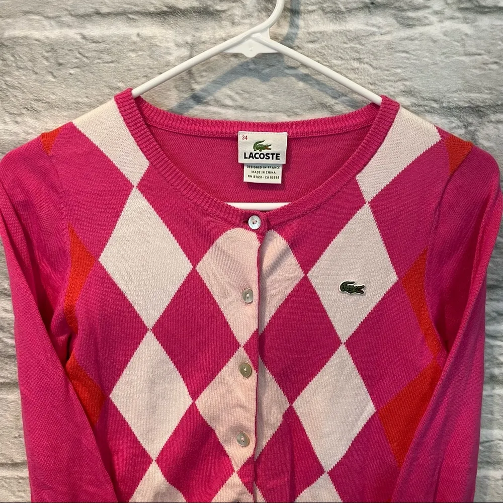 VTG Lacoste Size 34 XS Pink/Orange Argyle Button Up Fitted Cardigan Sweater - Image 4