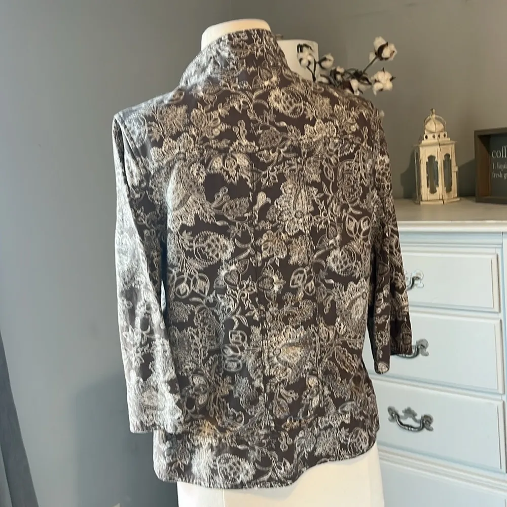 Linen Cotton Jacket Brown Print Blazer Womens Petite Small - Image 5