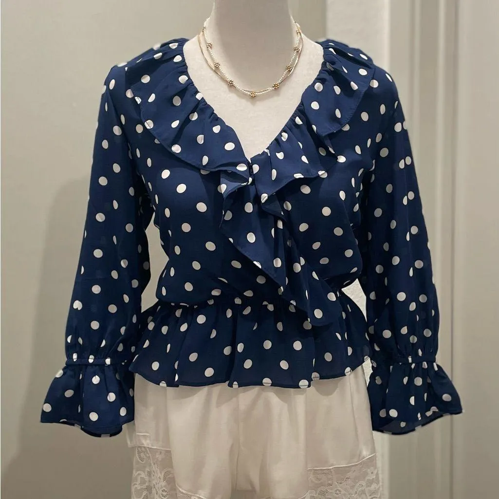 LIKE NEW Forever 21 F21 Navy Blue & White Polka Dot Ruffle Blouse - S - Image 2