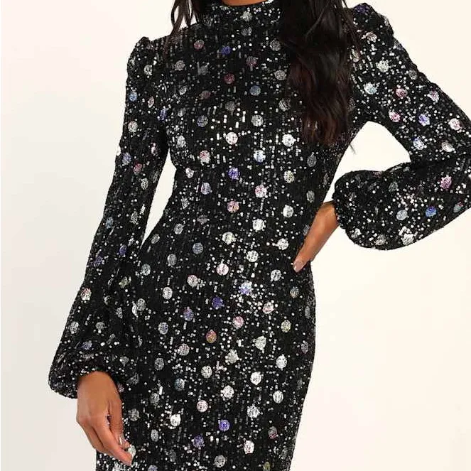 Lulus Spotlight Sparkler Black Sequin Polka Dot Backless Mini Dress Size Small - Image 3