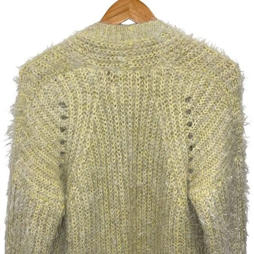Anthropologie Womens Larkin Shimmer Metallic Fuzzy Eyelash Cardigan Yellow Large - Image 4