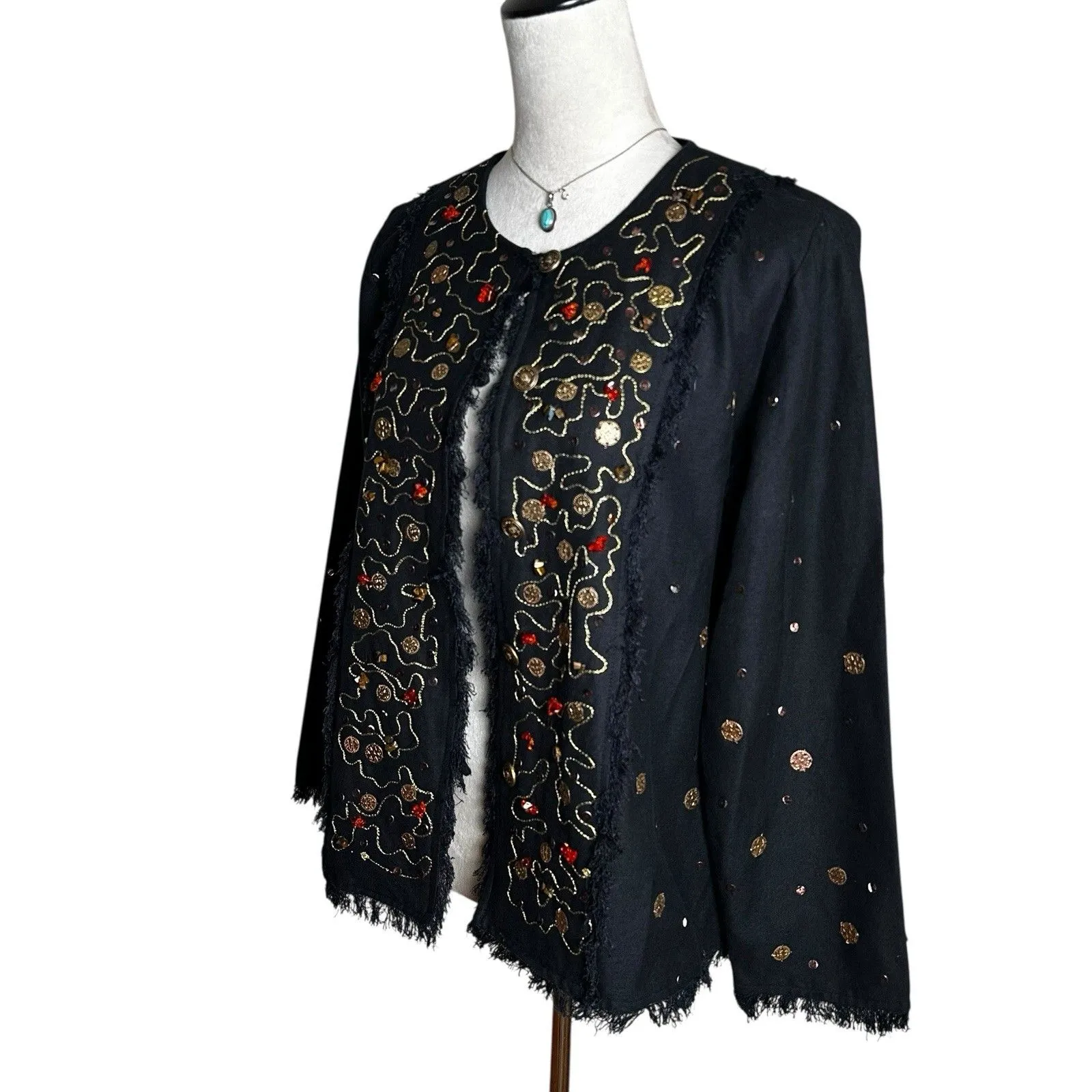 Indigo Moon Embellished Black Fray Linen Blend Jacket M | Boho Western Artwear Size M - Image 3