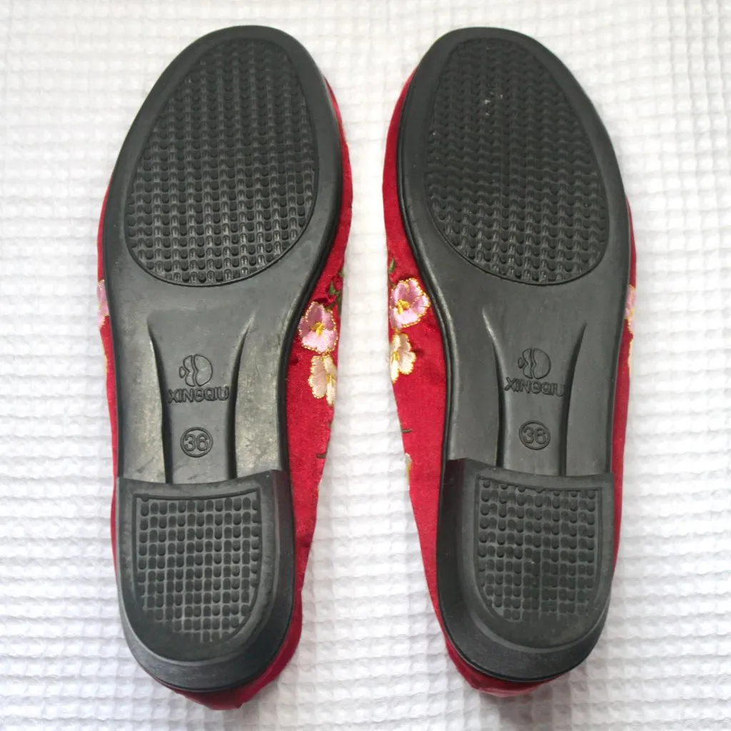 Xingqiu Red Chinese Embroidered Floral Shoes Ballet Flats Slippers 36 Size 6 - Image 11