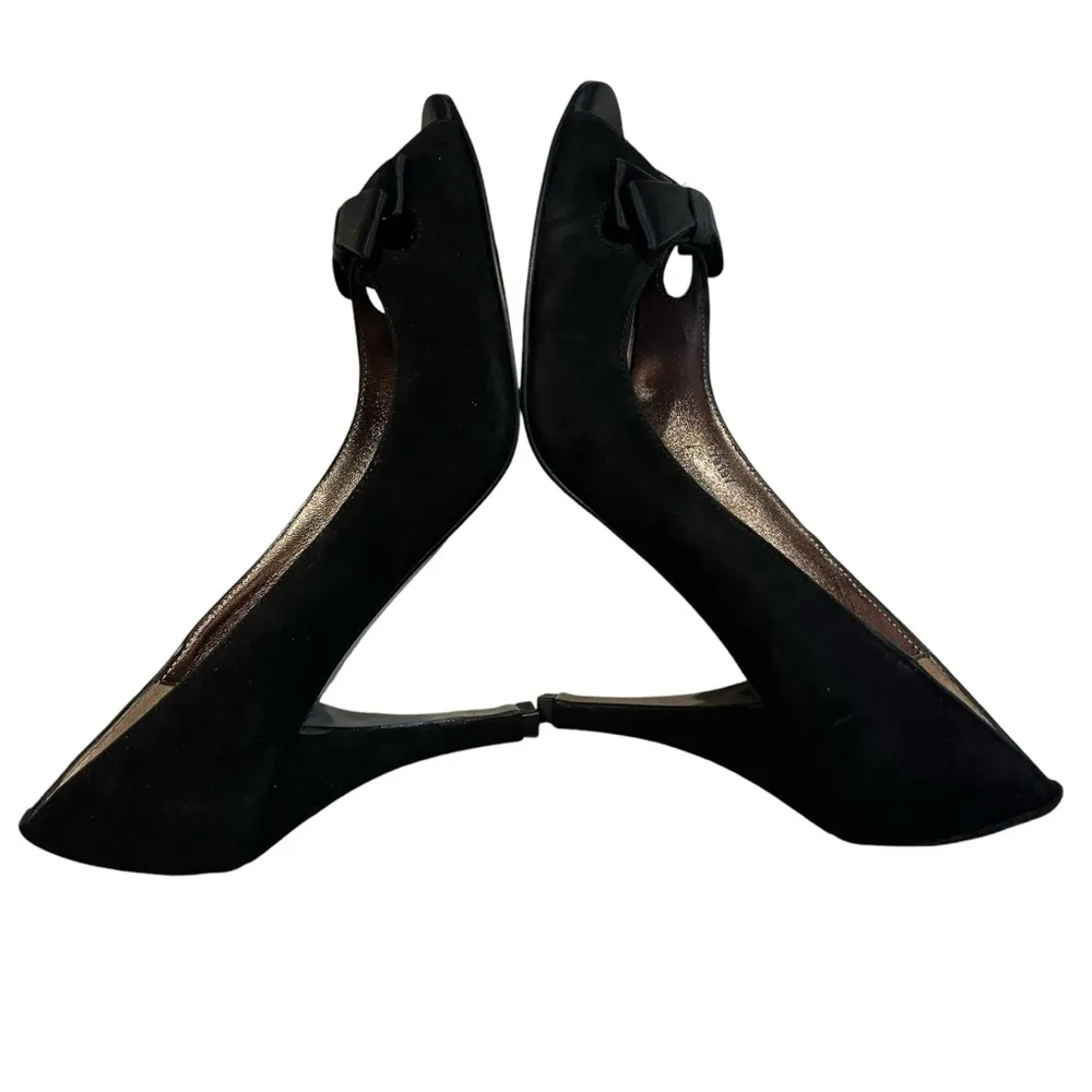 NWOT, J. Crew Black Suede Satin Bow Peep Toe Heels, Sz 7.5 - Image 10