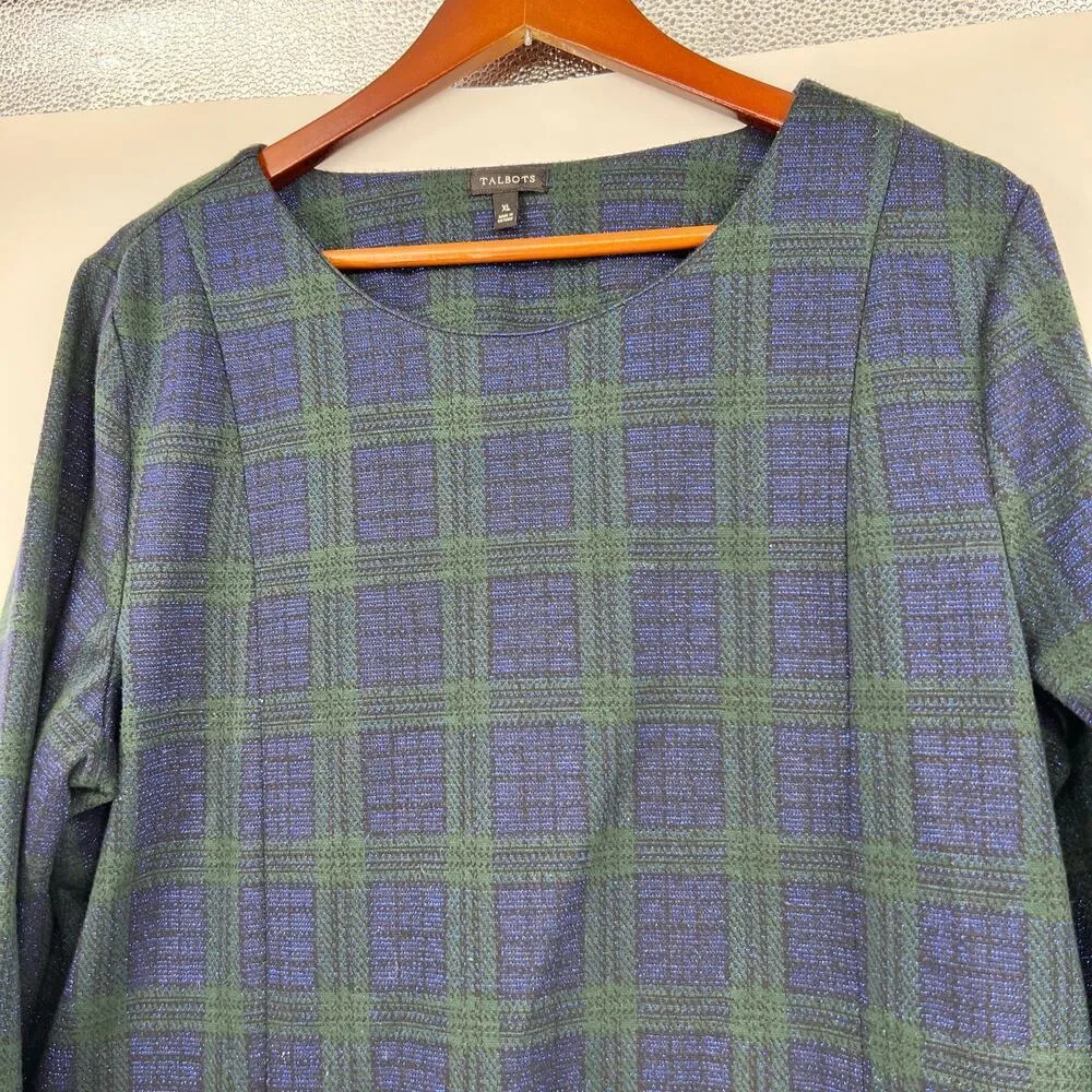 Talbots Women’s Tartan Plaid Blouse Long Sleeve Zipper Details Green Blue sz XL - Image 6