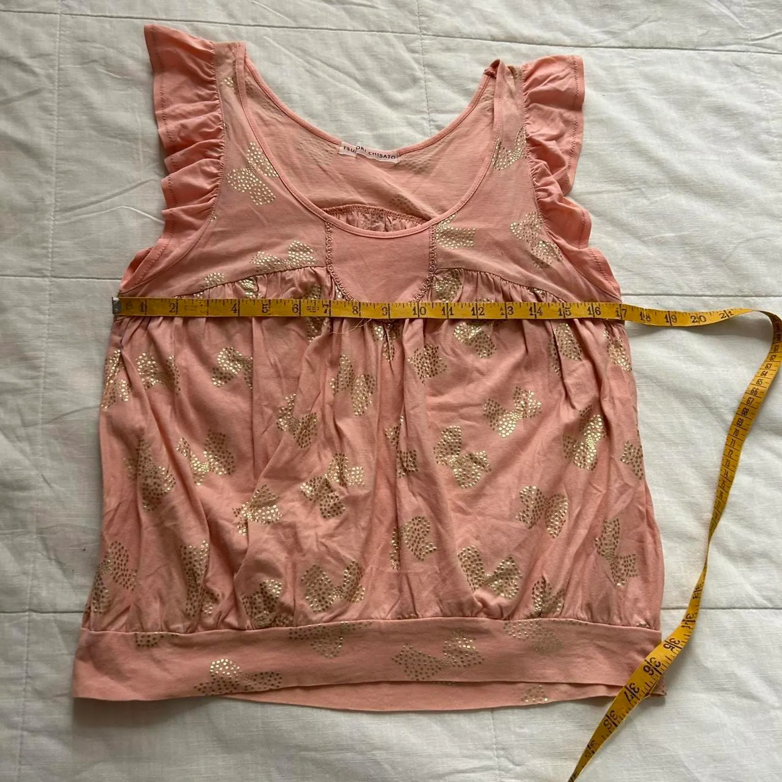 Tsumori Chisato Pink & gold bow print ruffle sleeve top Size 2 - Image 7