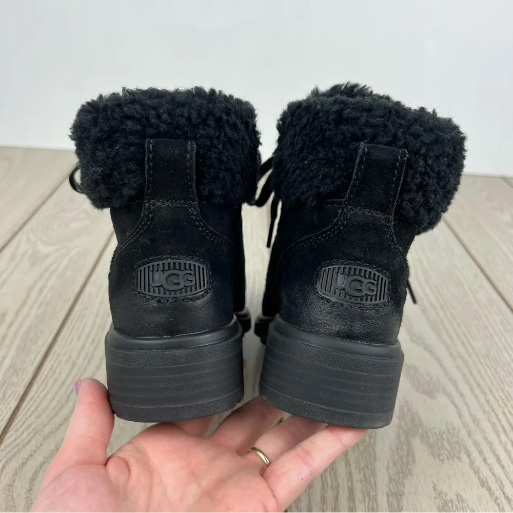 UGG Harrison Cozy Shearling Trim Lace-Up Waterproof Boots US6 Black Suede $170 - Image 6