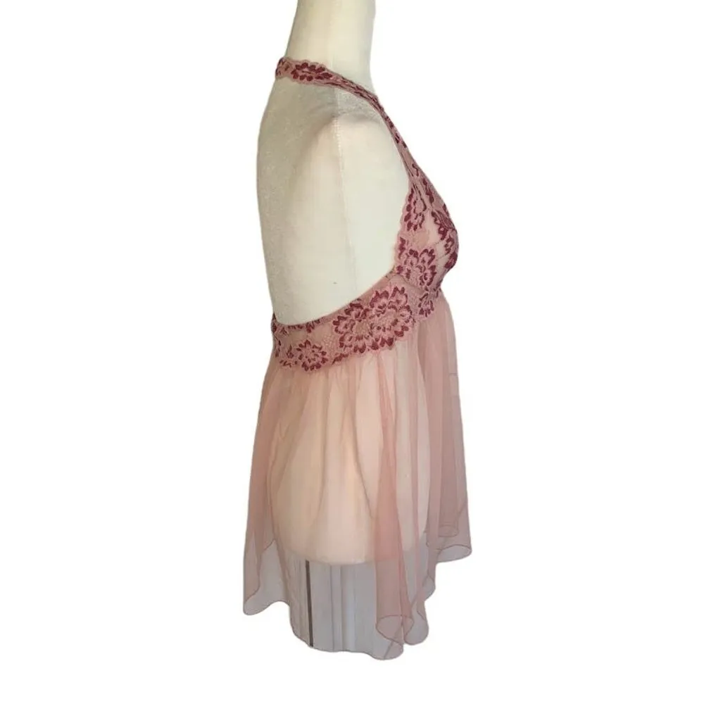 Victoria's Secret Babydoll Night Dress Women's L Pink Deep V Mesh Floral Lace - Image 6