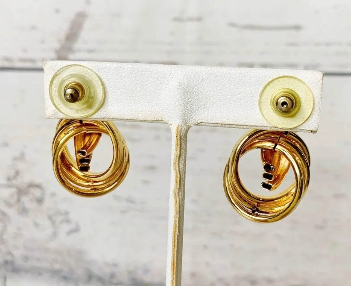 Unique Elegant Triple Round Loop Design Gold Finish Dangle Post Stud Earrings - Image 3