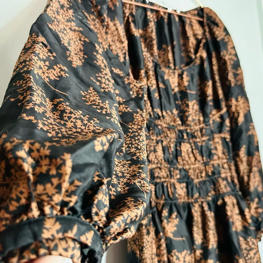 REBECCA TAYLOR Women's Black Brown Arden Fern Print Silk Midi Dress Size Medium - Image 7