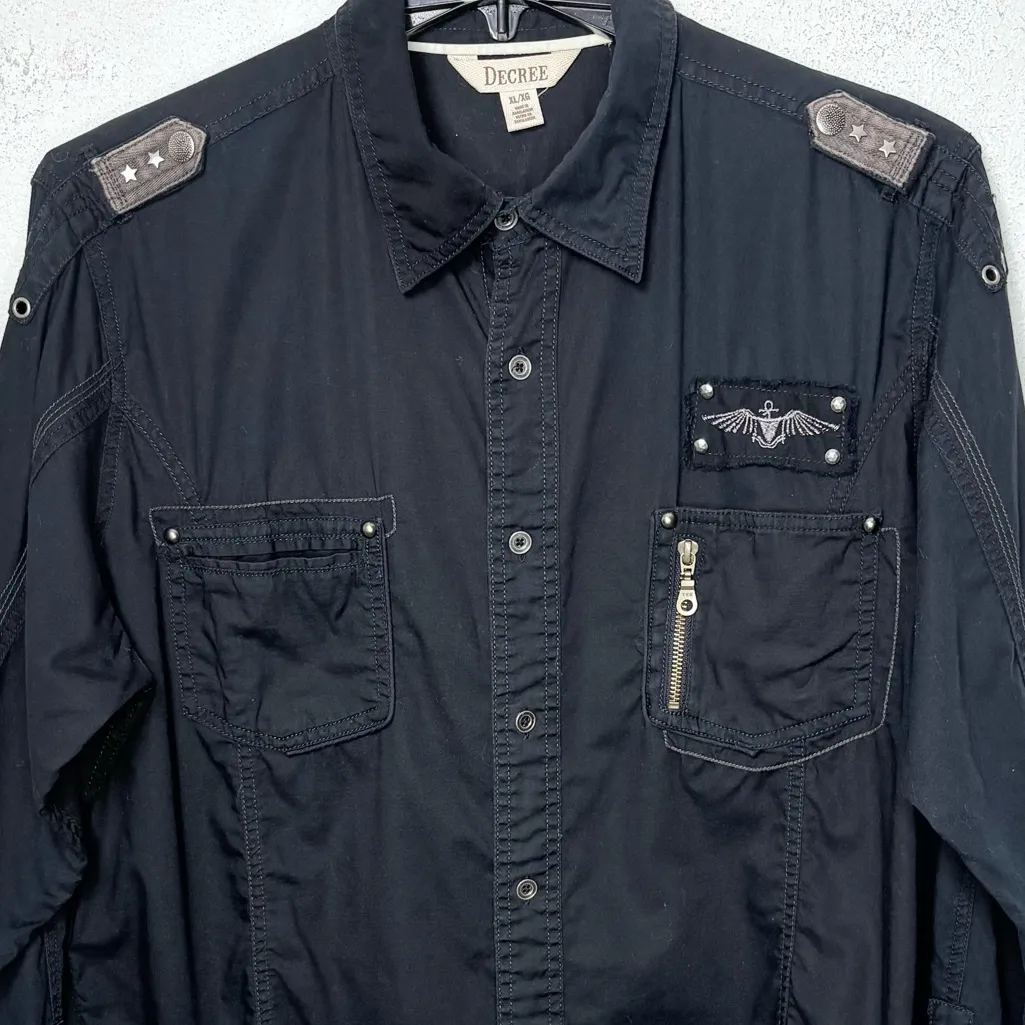 Decree Subversive Military Style Shirt Black Utility Star Epaulet Women’s XL Y2K - Image 3