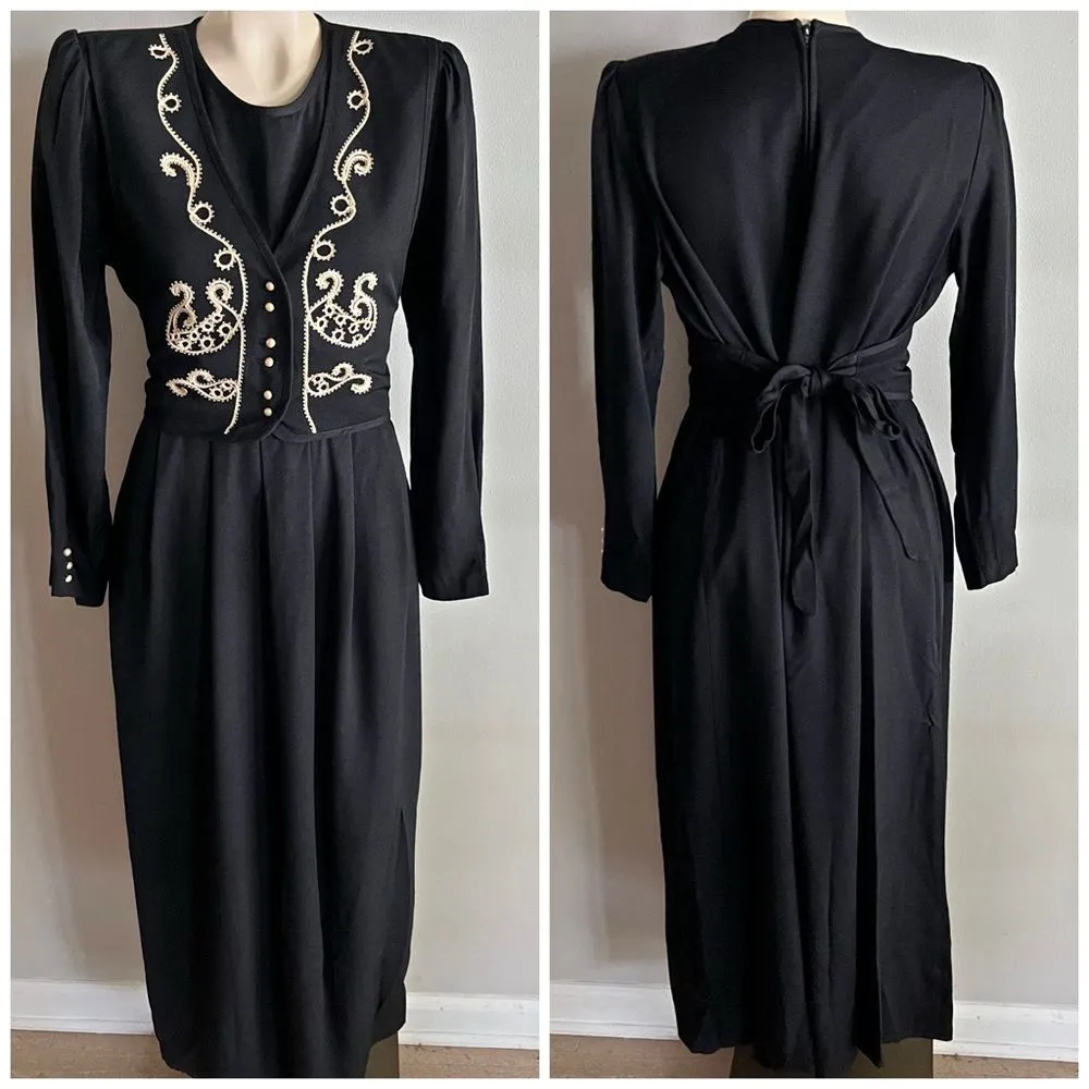 Vintage 80s Gothic Western Black Pearl Embroidered Midi Dress JBS LTD 12P Size 12 - Image 2
