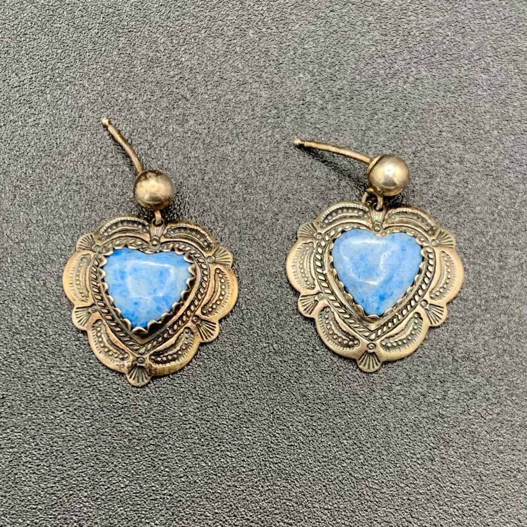 Denim Lapis Sterling Silver Dangle Heart Shaped Earrings QT 925 Southwest Native Blue - Image 3