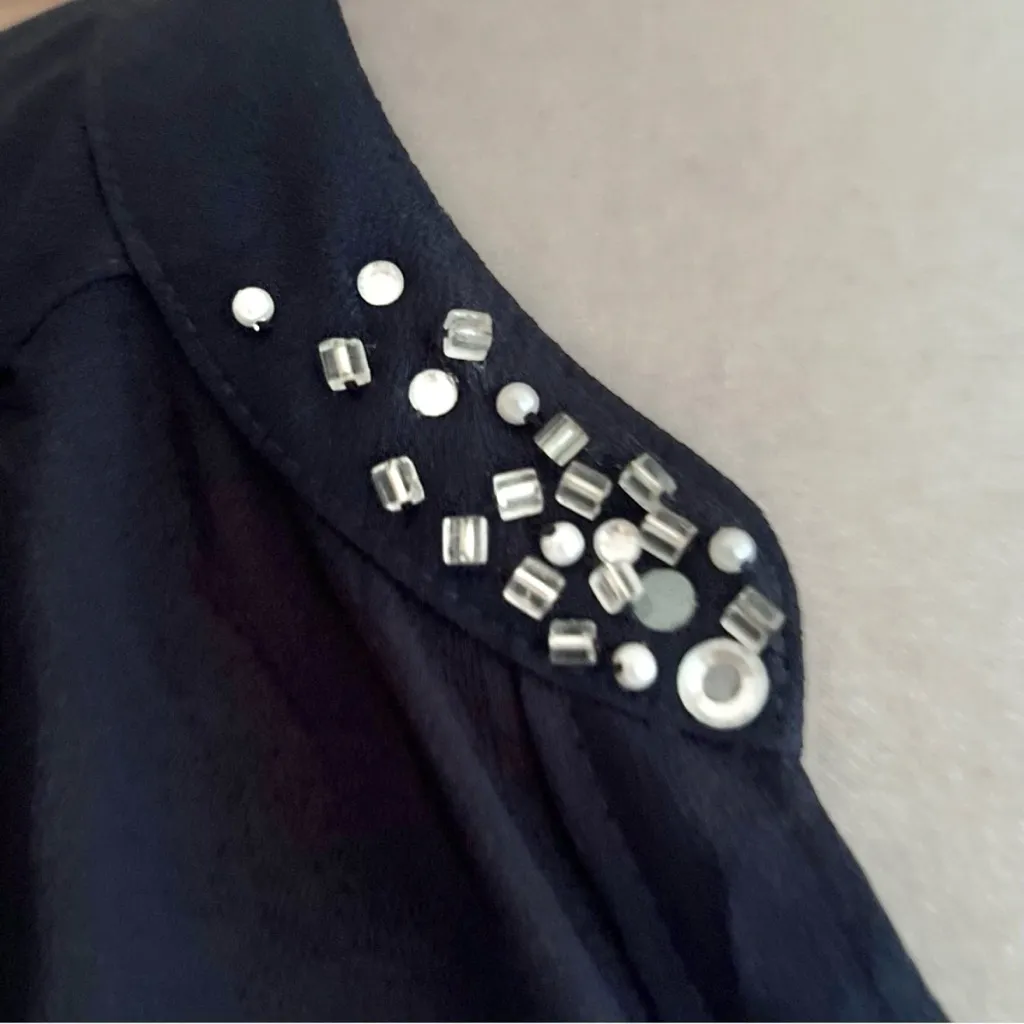 Abercrombie & Fitch Top Beaded Beaded Sheer Back High Low Navy Blue XS Party Mod - Image 4