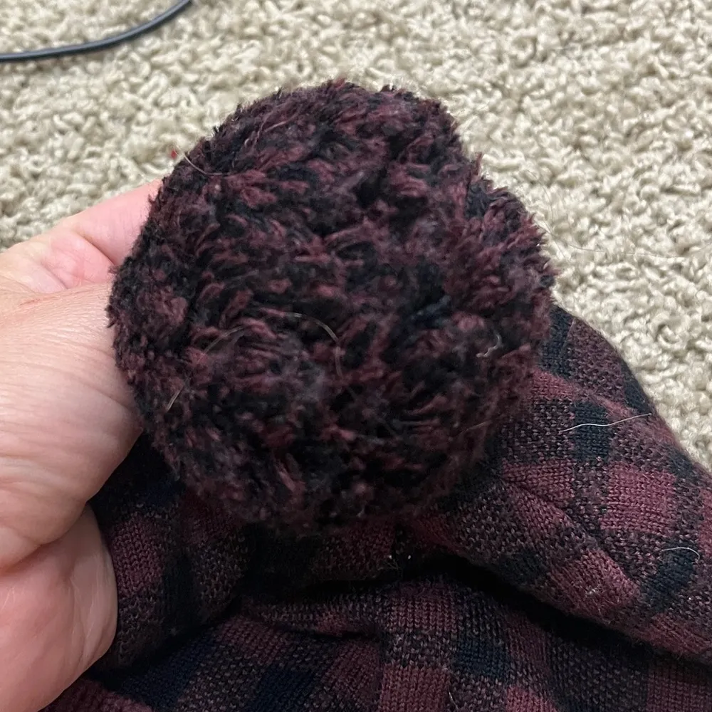 Coach Wool Blend Plaid Pom Beanie in Oxblood Burgundy Red - Image 2