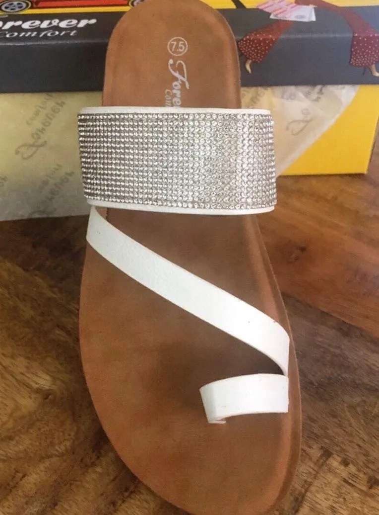 Boutique White Rhinestone Toe Ring Slide Sandals - Image 2