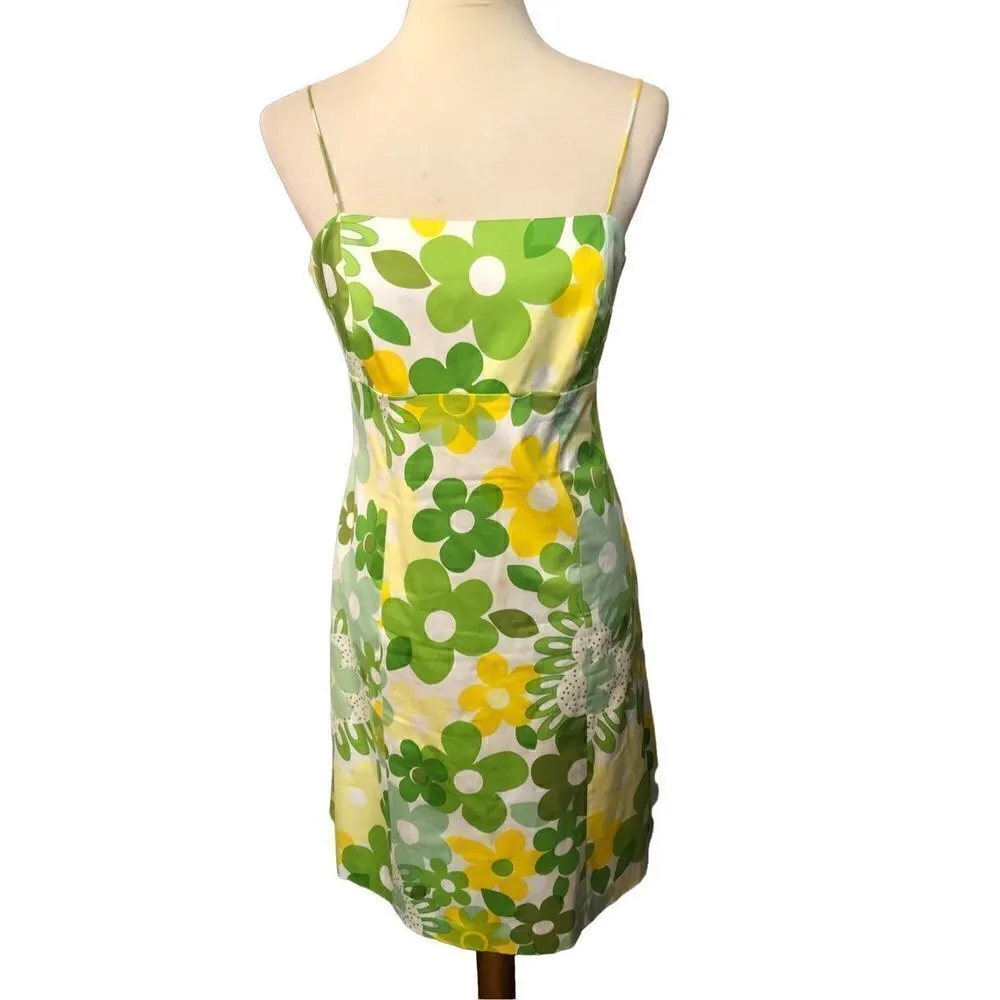 Nine West yellow green and white floral spaghetti strap rockabilly dress size 10 - Image 2