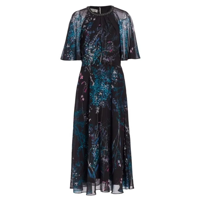 Teri Jon Rickie Freeman Chiffon Capelet Black Floral Cocktail Midi Dress 8 - Image 6