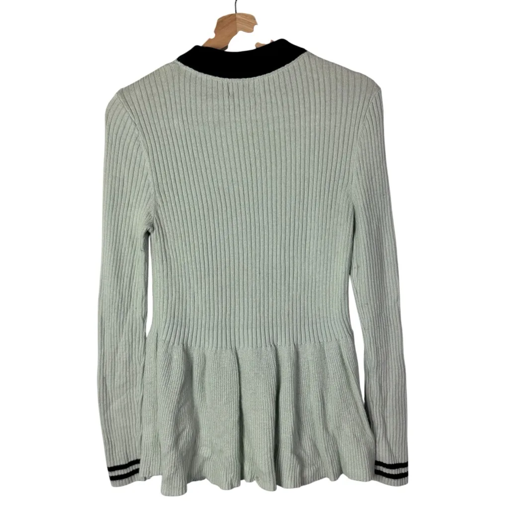 Elle Mint Green Ribbed Black Collar Peplum Long Sleeve Knit Top S - Image 2