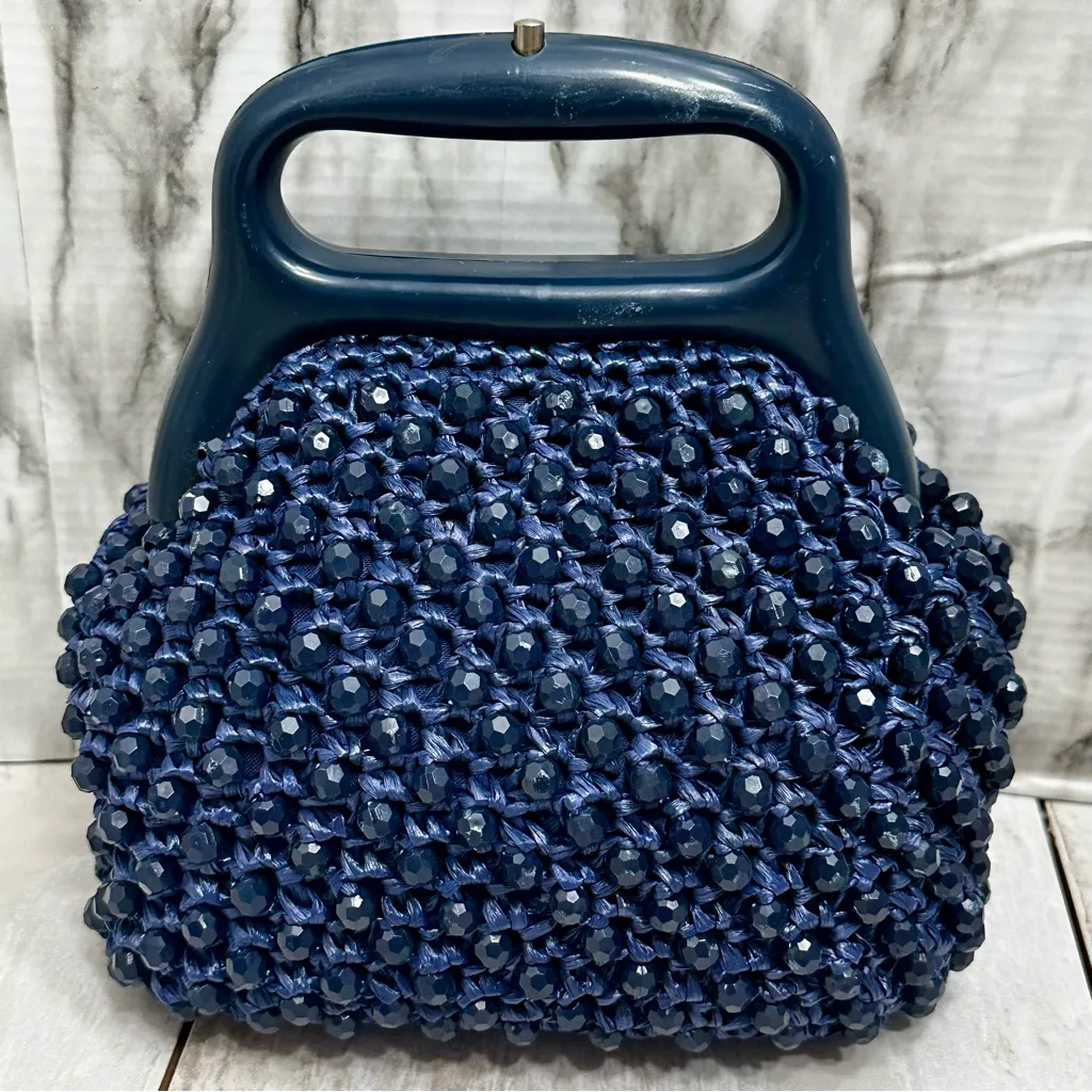 Vintage Midnight Blue Raffia Beaded Clamshell Handbag Evening Unique Whimsy Vibe - Image 2