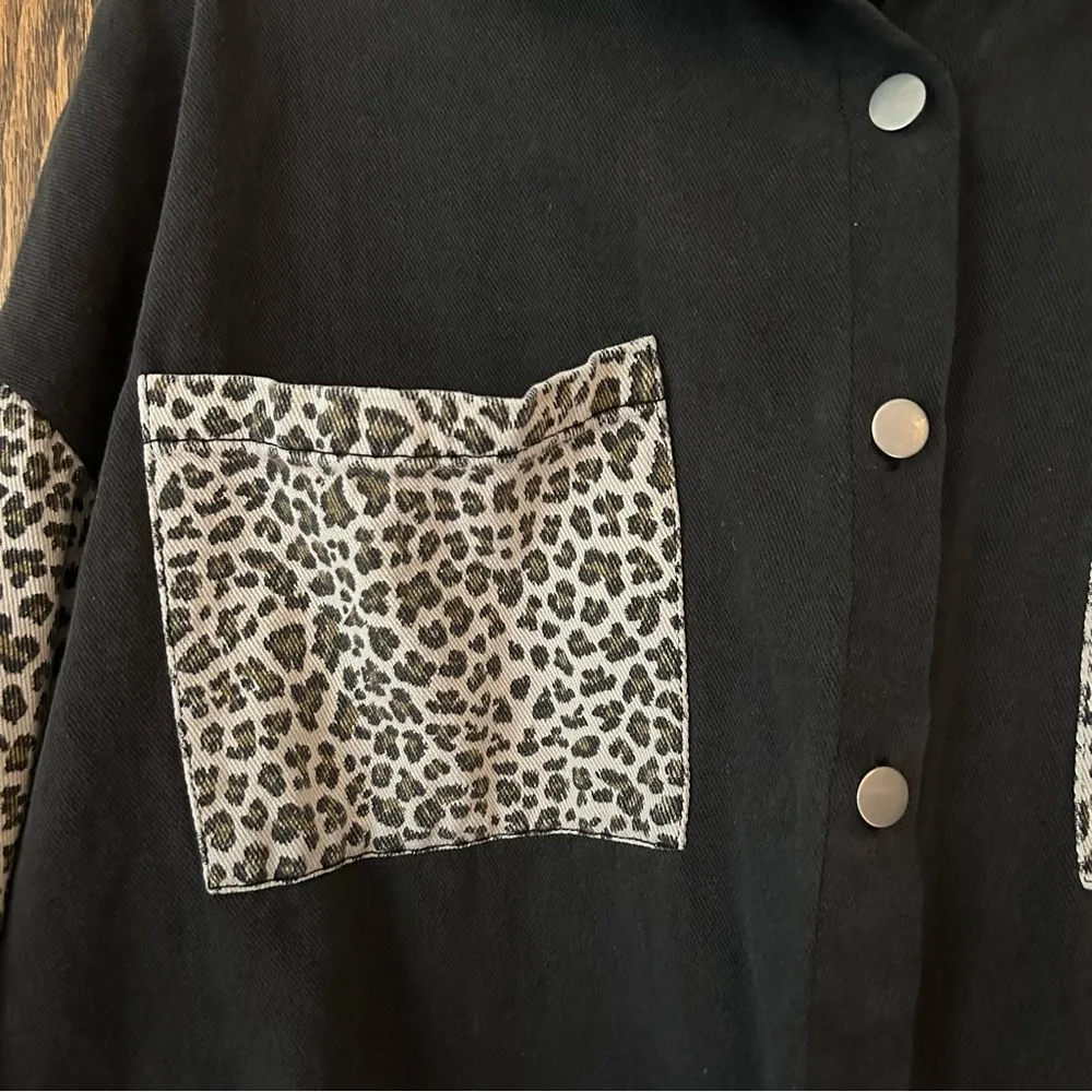 None Denim Shacket in Black with Cheetah Leopard Pockets and Arms | small - Image 4