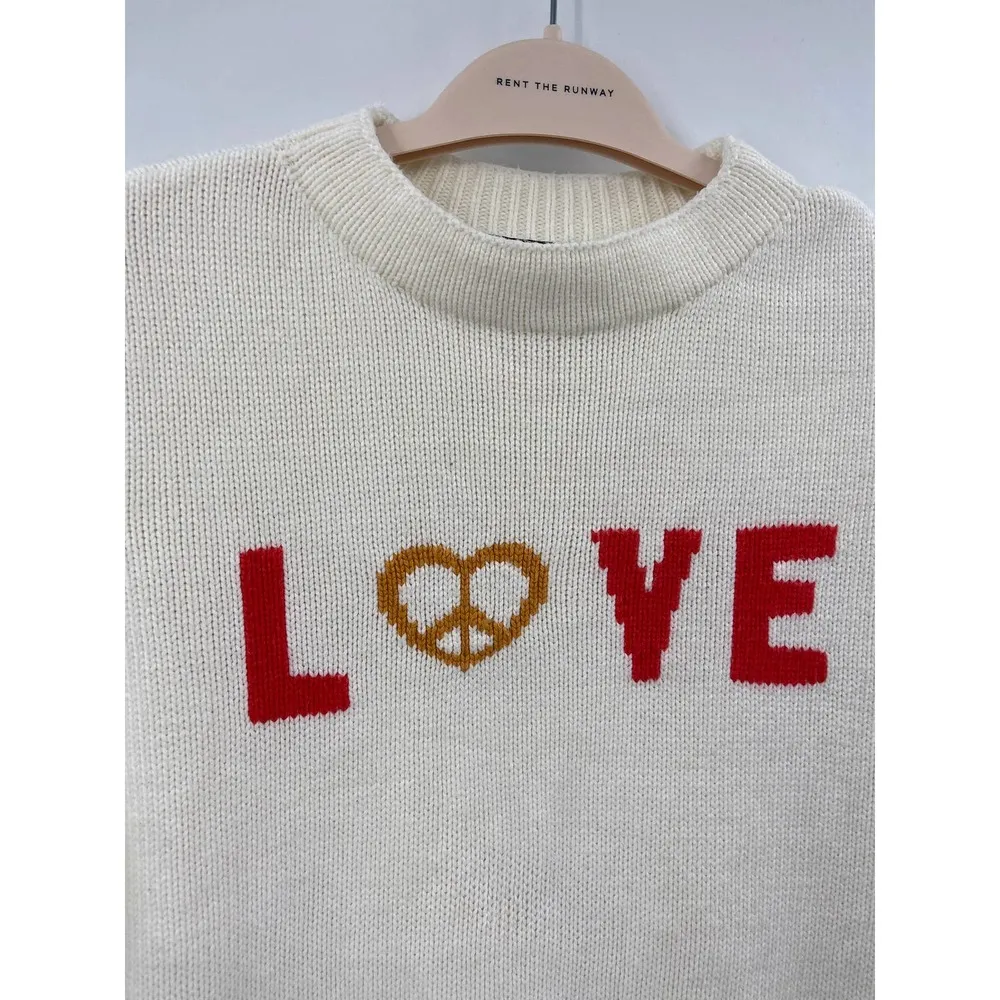 525 America White Love Peace Intarsia Knit Crewneck Long Sleeve Pullover Sweater - Image 3