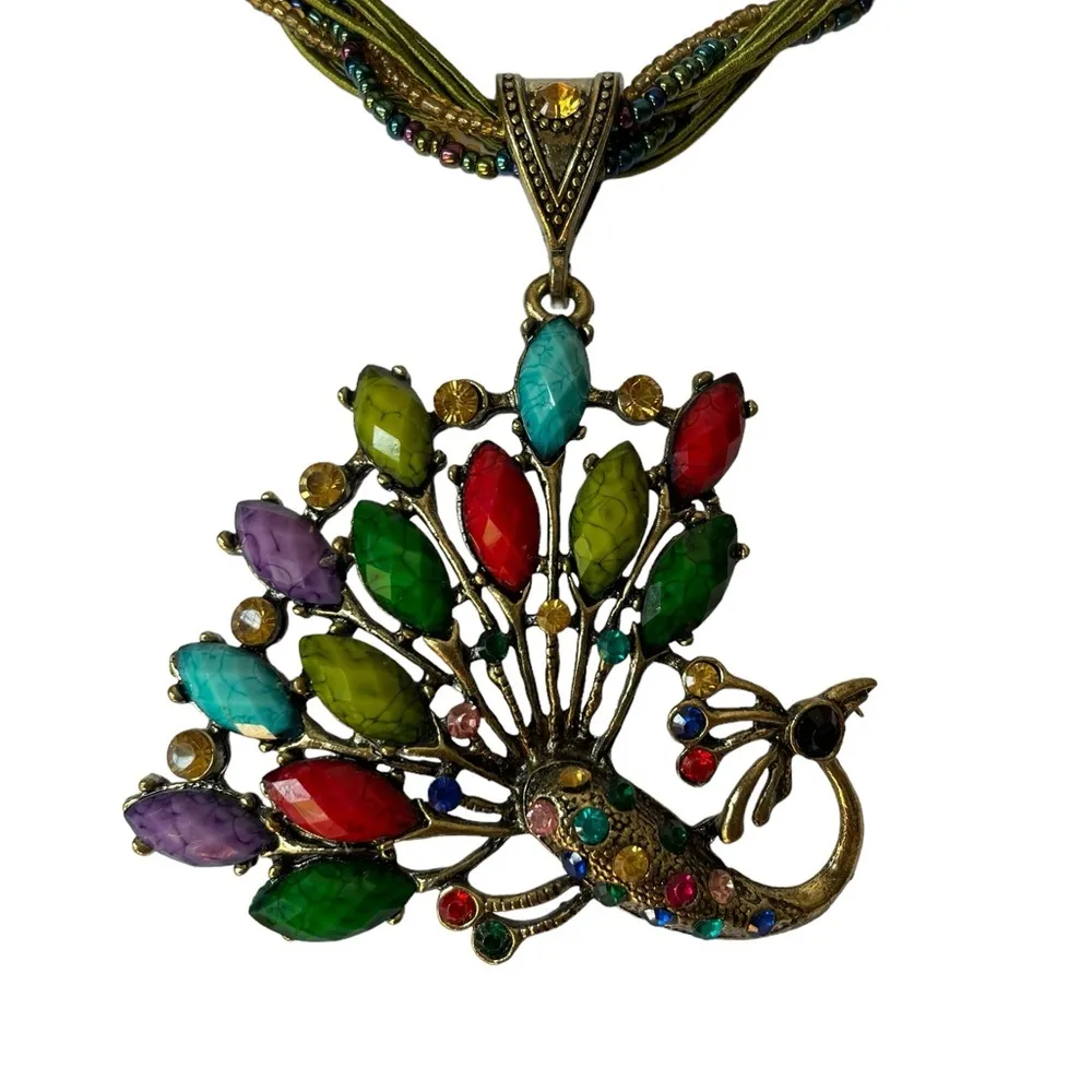 Peacock Faux Crystal Beaded Necklace Statement Fashion Jewelry NWT - Image 4