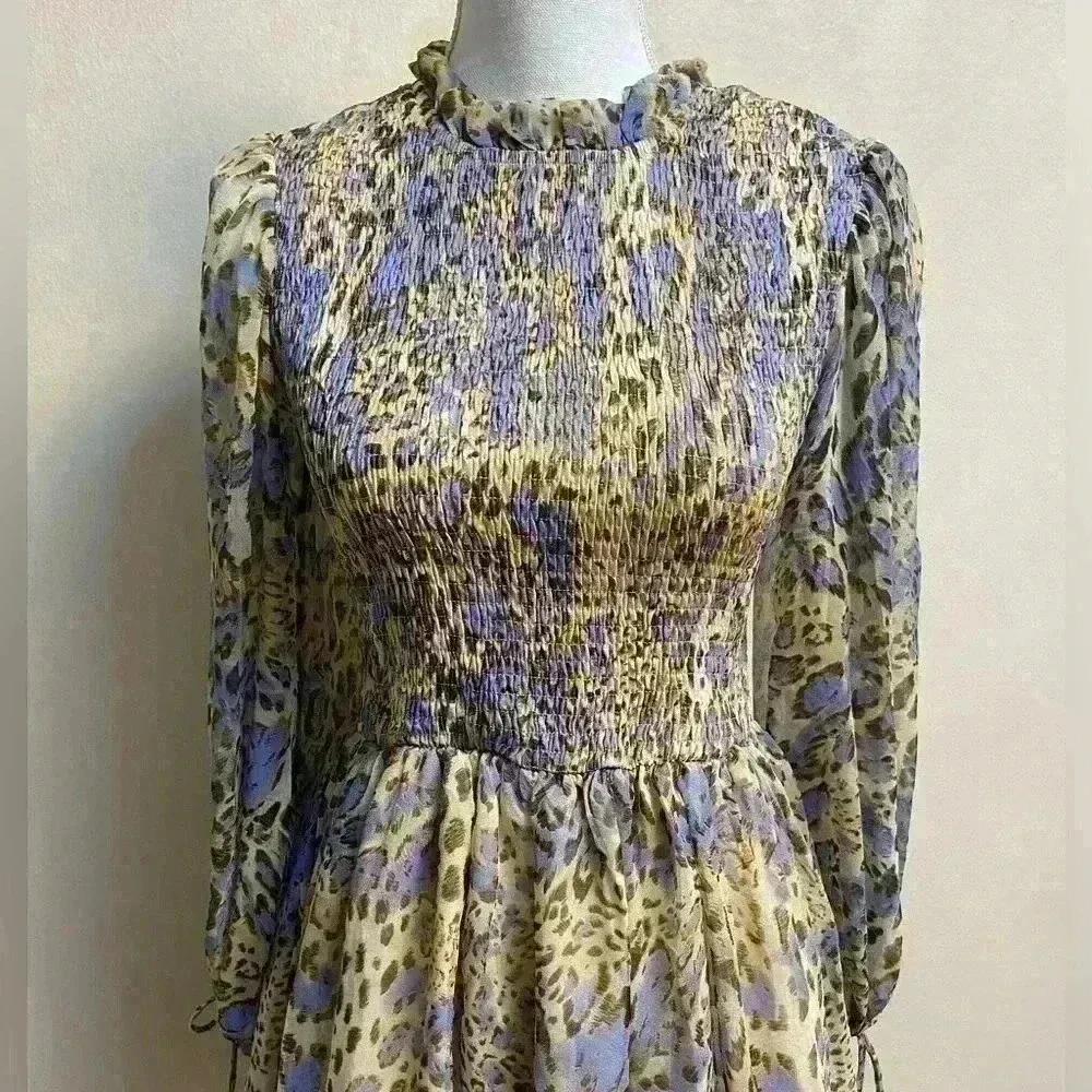 Indikah‎ by Angel Biba dress midi leopard print chiffon smocked A line.Small NWT - Image 2