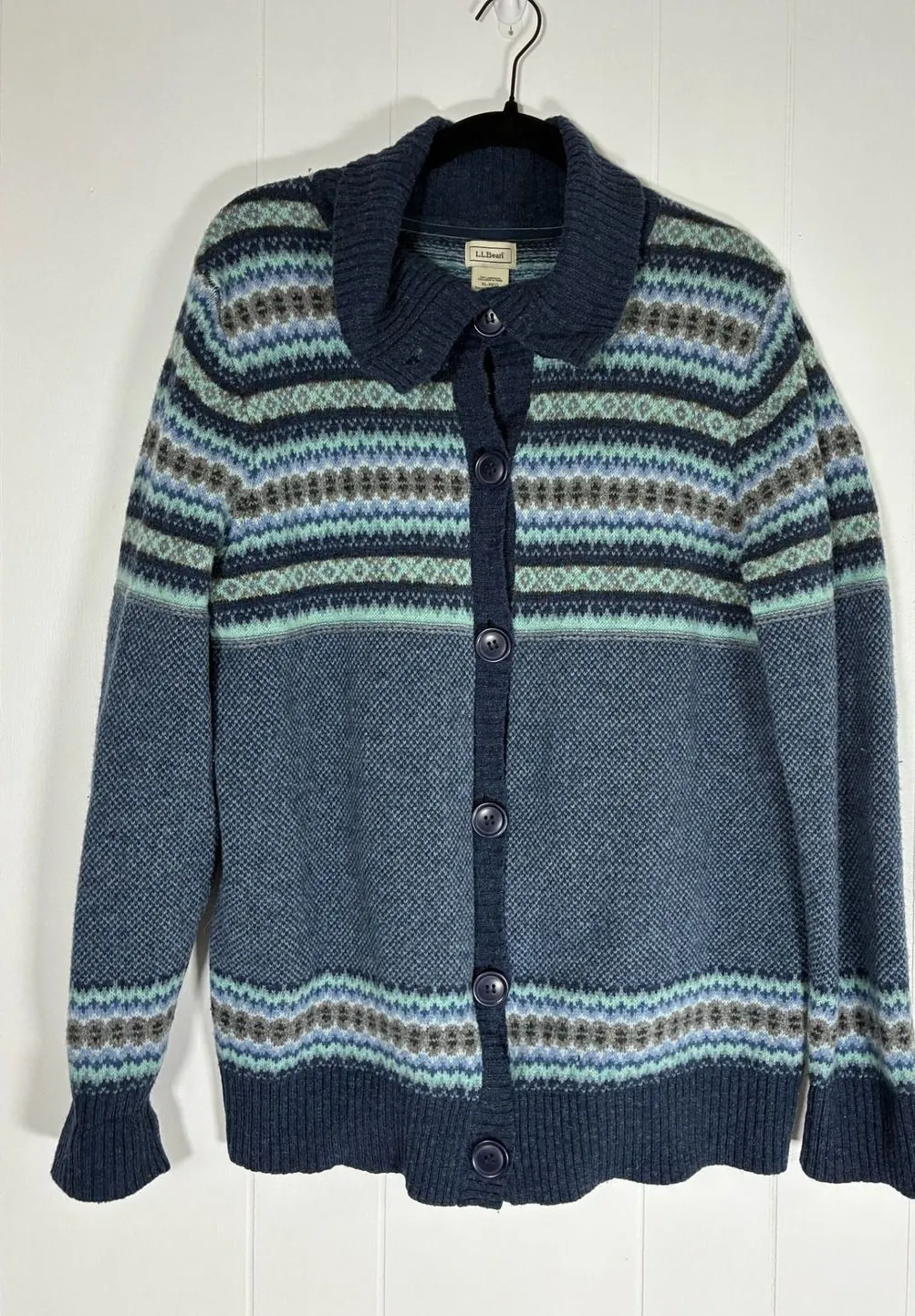 LLBean Women XL Fair Isle Knit Button Front Cardigan Sweater 100% Lambswool Blue Size undefined - Image 1