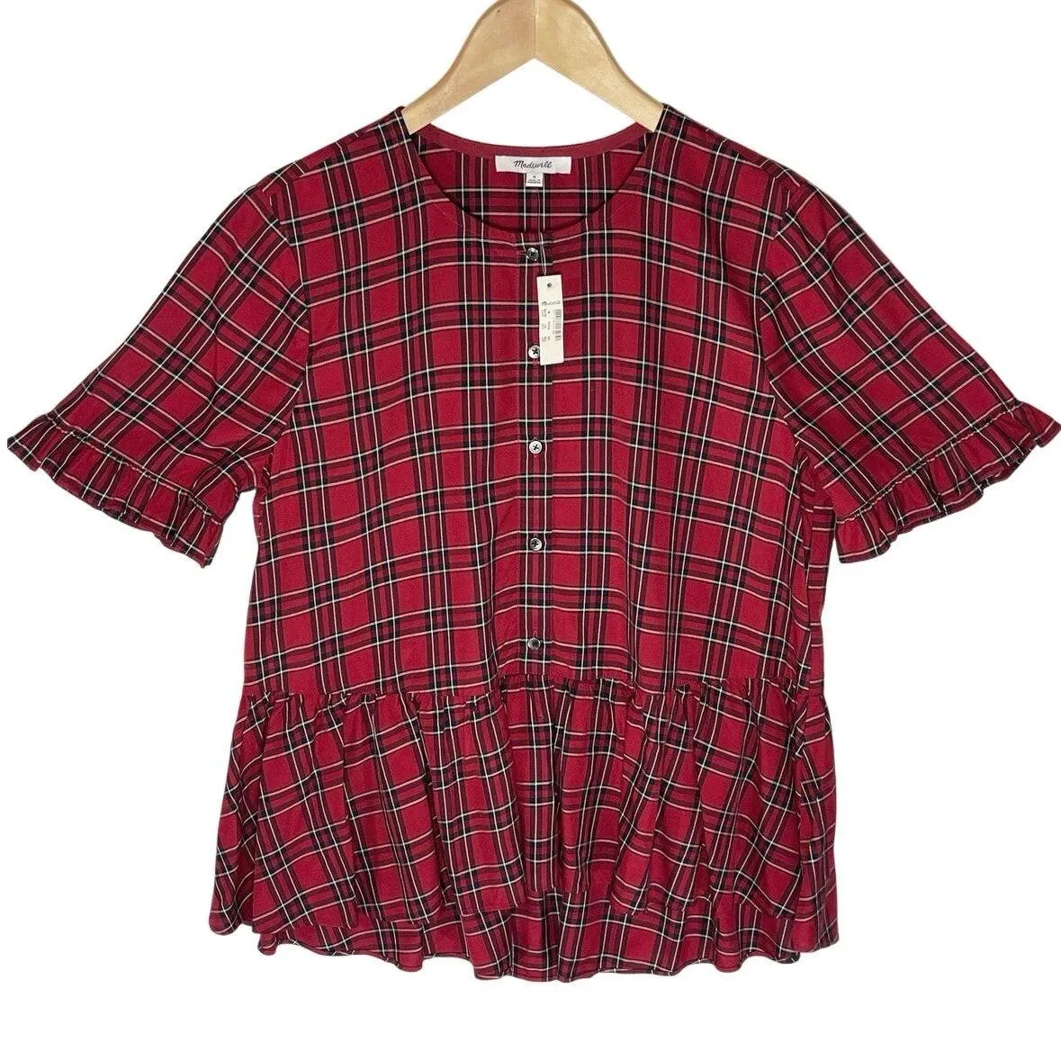 NWT MADEWELL Women’s Studio Ruffle-Hem top Red Clanton Plaid medium - Image 4