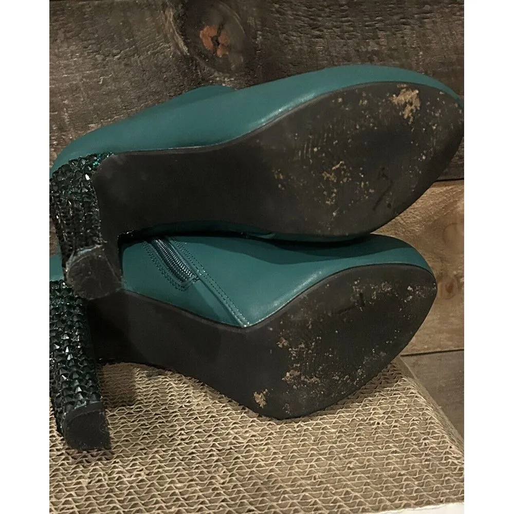 Allegra K Green Faux Suede Round‎ Toe Jeweled Heel Ankle Boots SOLD - Image 7