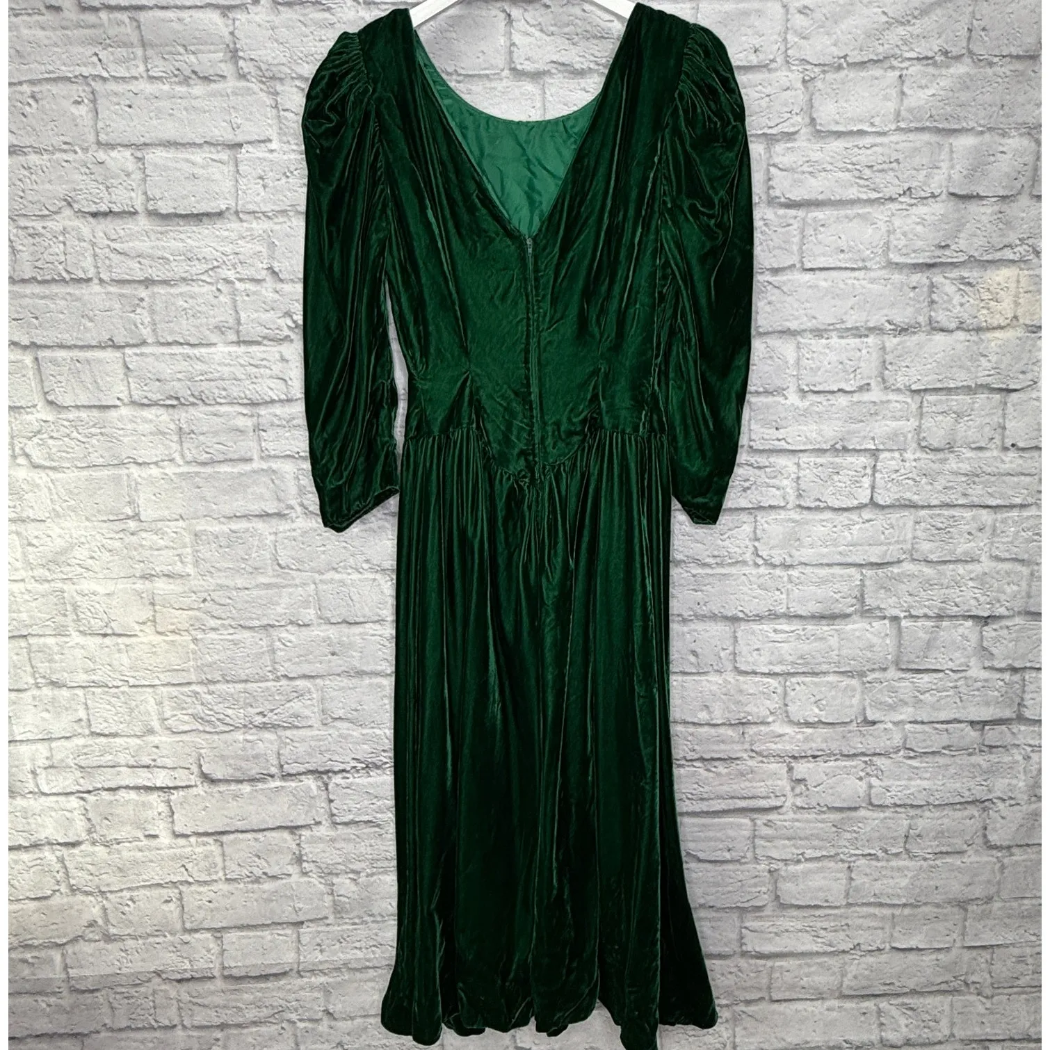 Vintage 80s Emerald Green Velvet Dress Puff Sleeve Princess Waist Open Back Sz S - Image 4