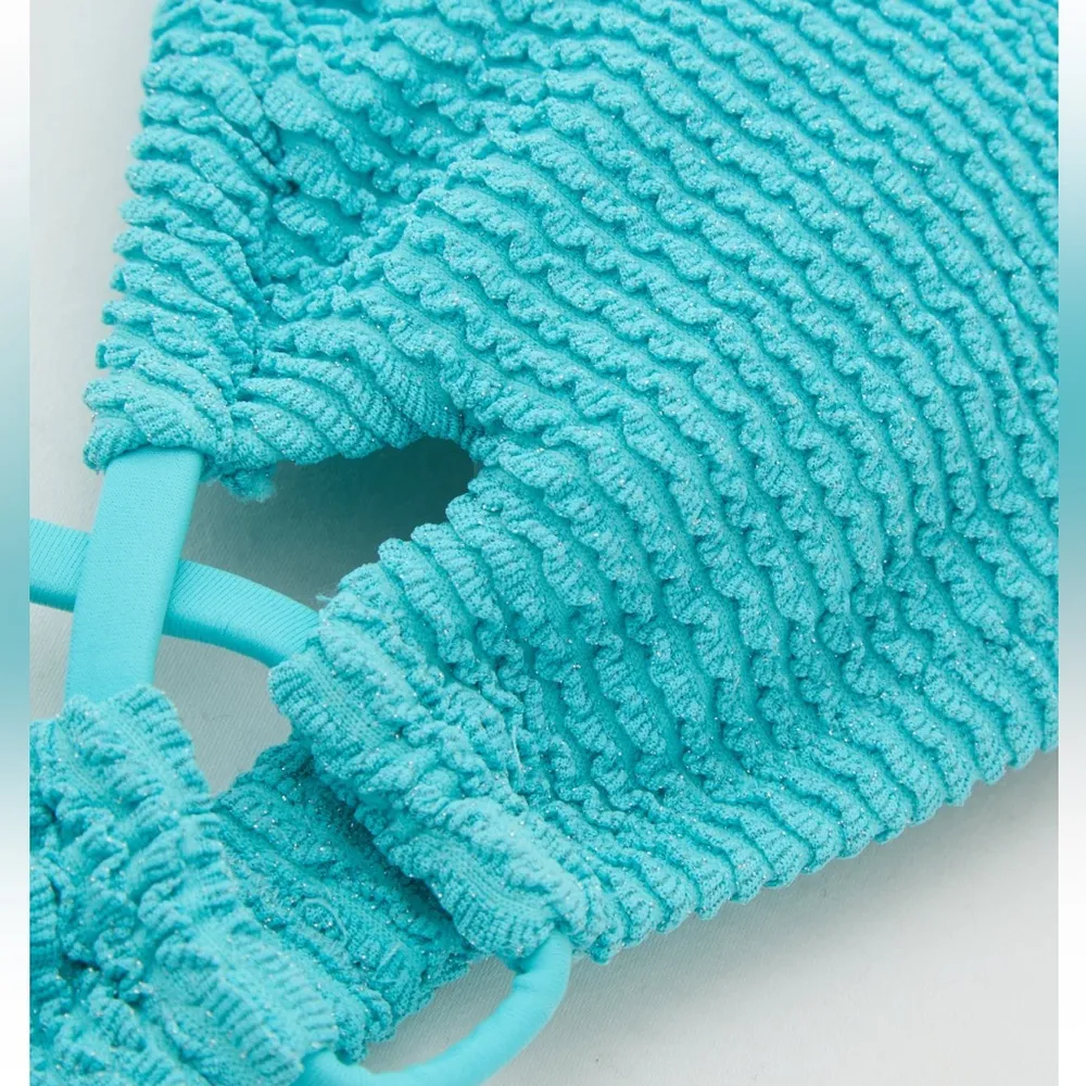 Aerie • NWT Shimmery Crinkle Lace Up Scoop Bikini Top “Springs” Turquoise Blue - Image 3