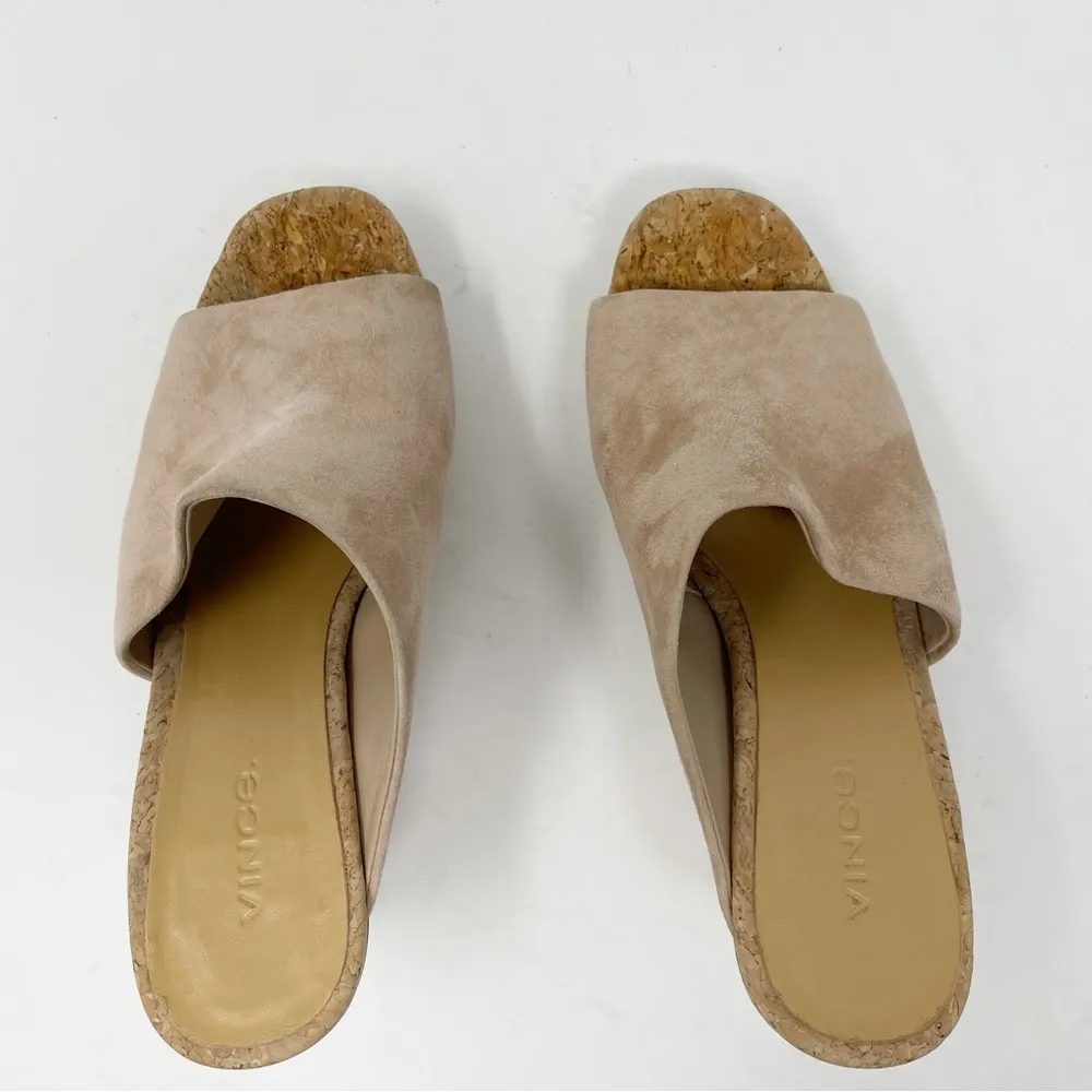 Vince Wyatt Oatmeal Beige Suede Cork Platform Open Toe Chunky Heels Shoes 6 - Image 4