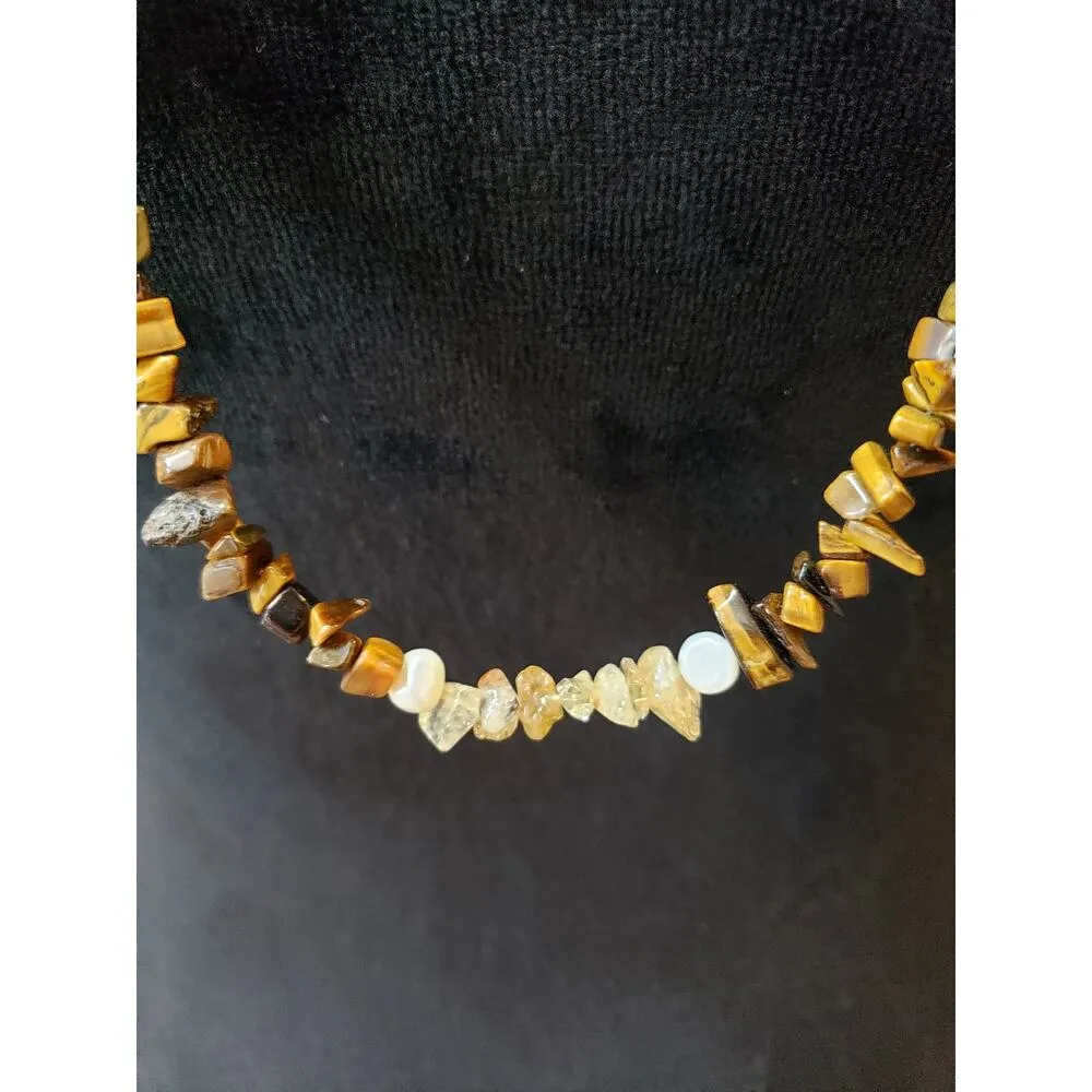 Women's Tiger Eye Beaded Necklace with Crystal Pearl Accents Lobster Clasp Gold - Image 3