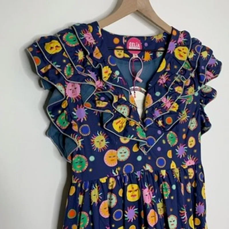 Celia B Atlas Dress Midi Navy Multi Womens New Size Medium Summer Belted Blue - Image 7