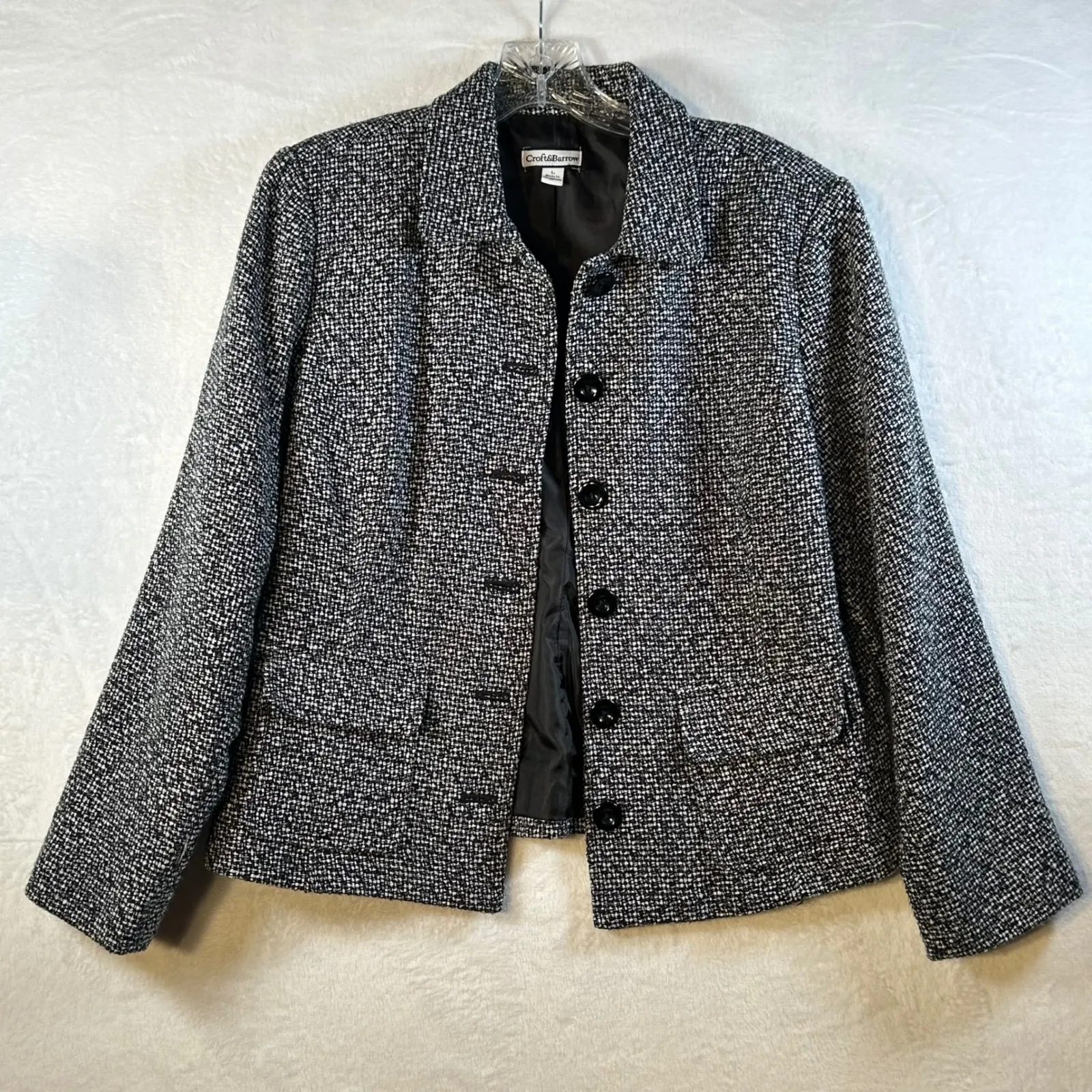 Croft & Barrow Womens Blazer Black White Tweed Button Front Jacket Size L - Image 2