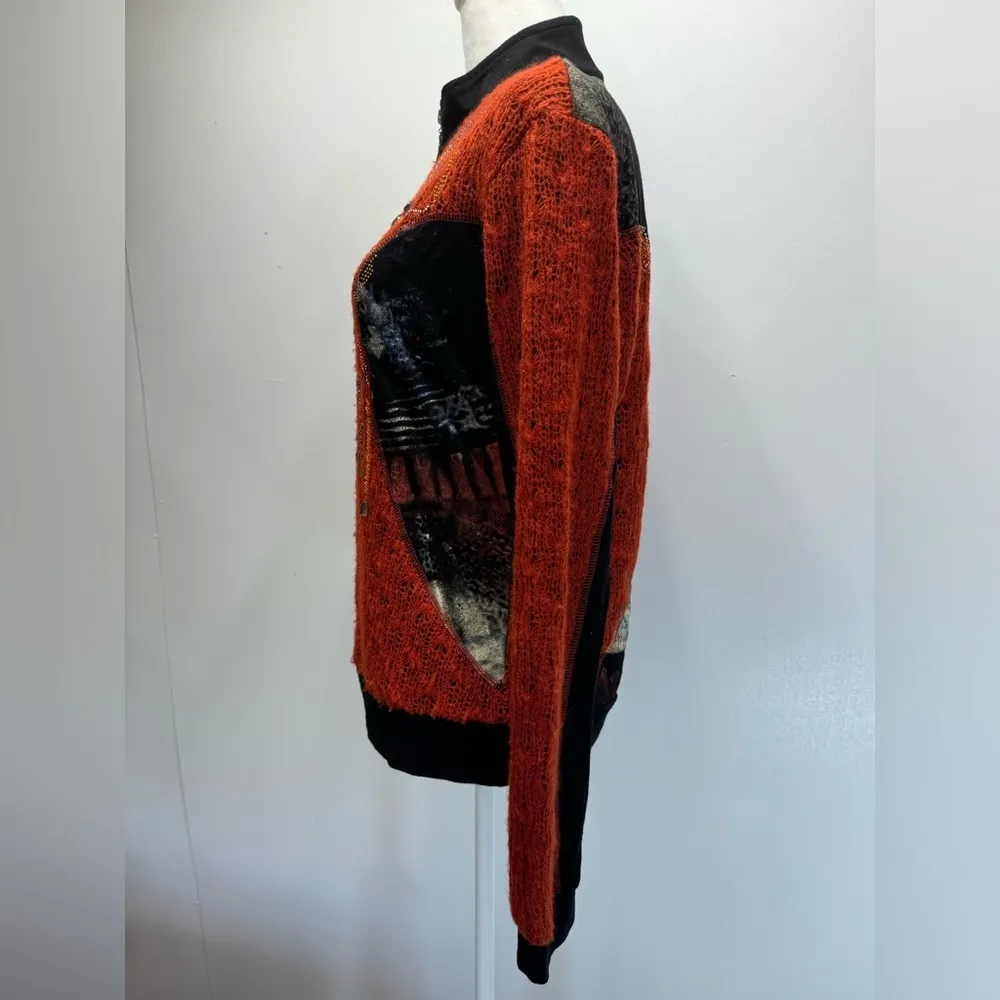 Vintage Music Notes Mixed Media Rhinestones & Beaded Zip Front Cardigan by Adore Orange Size L - Image 4